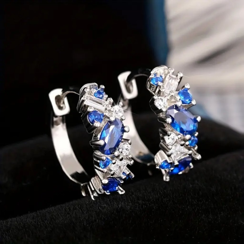 925 Silver Womens 1ct Diamond 2ct Blue Sapphire Gemstone Small Hoop Earrings New